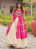 Navratri Wear Cotton Beige Lehenga With Gamthi Embroidered Work Shrug