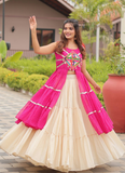 Navratri Wear Cotton Beige Lehenga With Gamthi Embroidered Work Shrug
