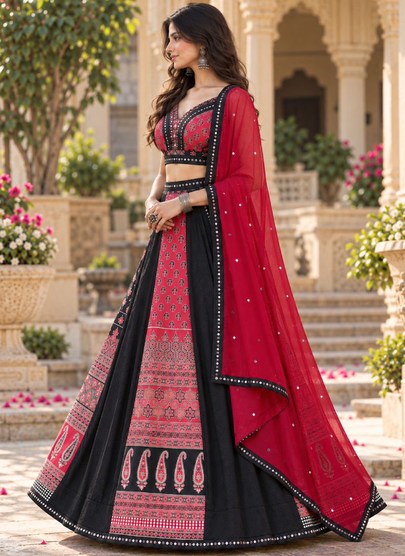 Navratri Wear French Crep Red Printed Real Mirror Lehenga Choli