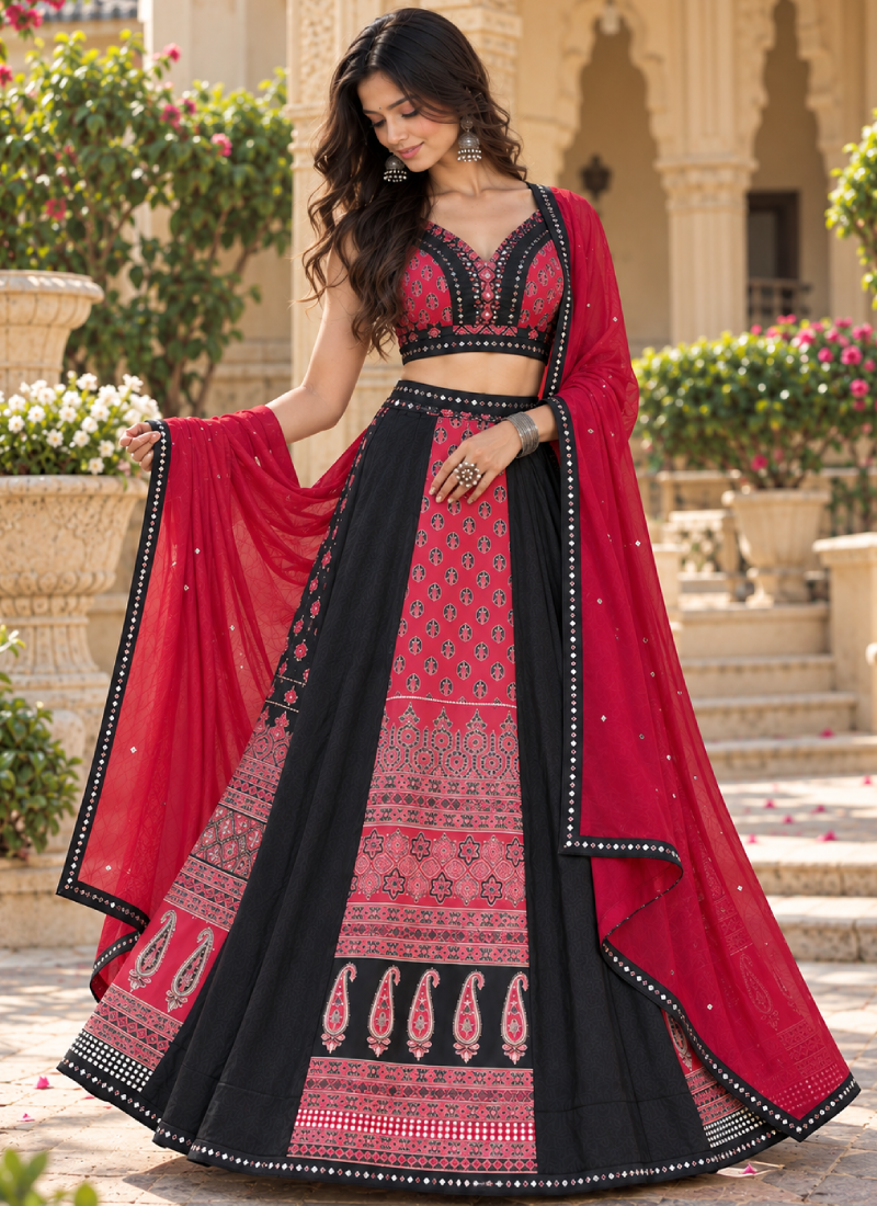 Navratri Wear French Crep Red Printed Real Mirror Lehenga Choli