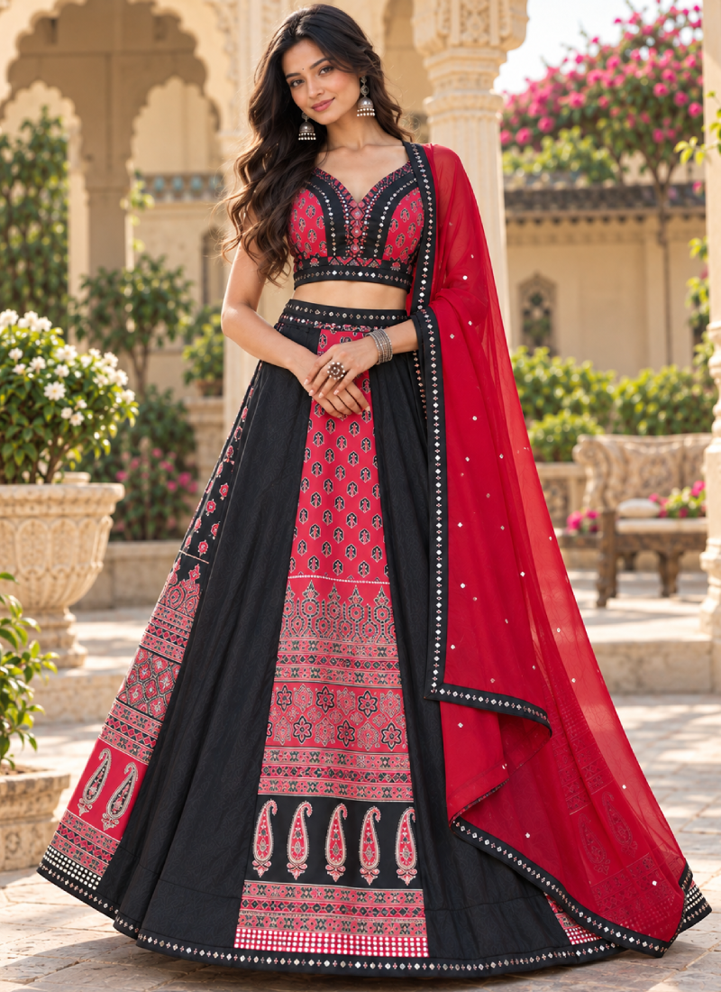 Navratri Wear French Crep Red Printed Real Mirror Lehenga Choli