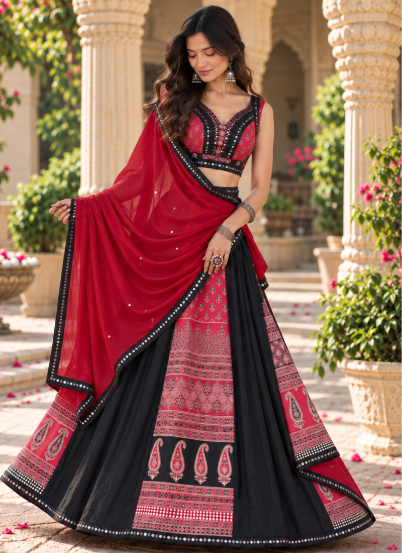 Navratri Wear French Crep Red Printed Real Mirror Lehenga Choli