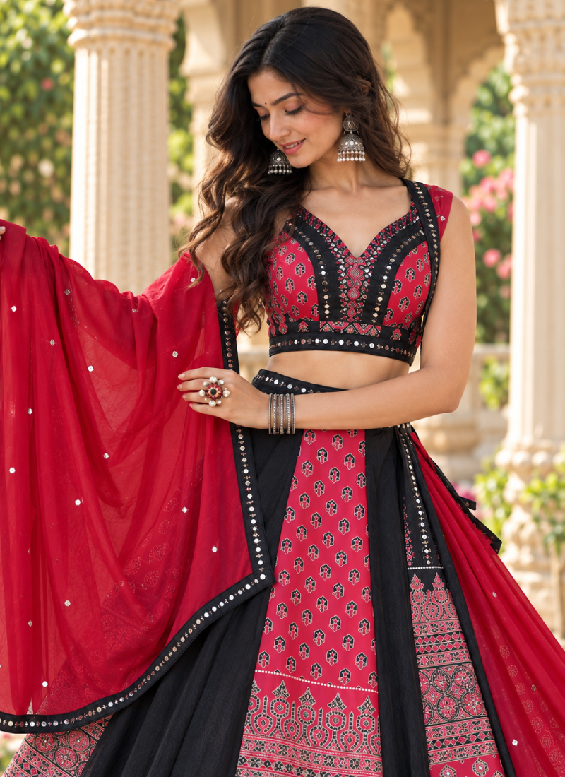 Navratri Wear French Crep Red Printed Real Mirror Lehenga Choli