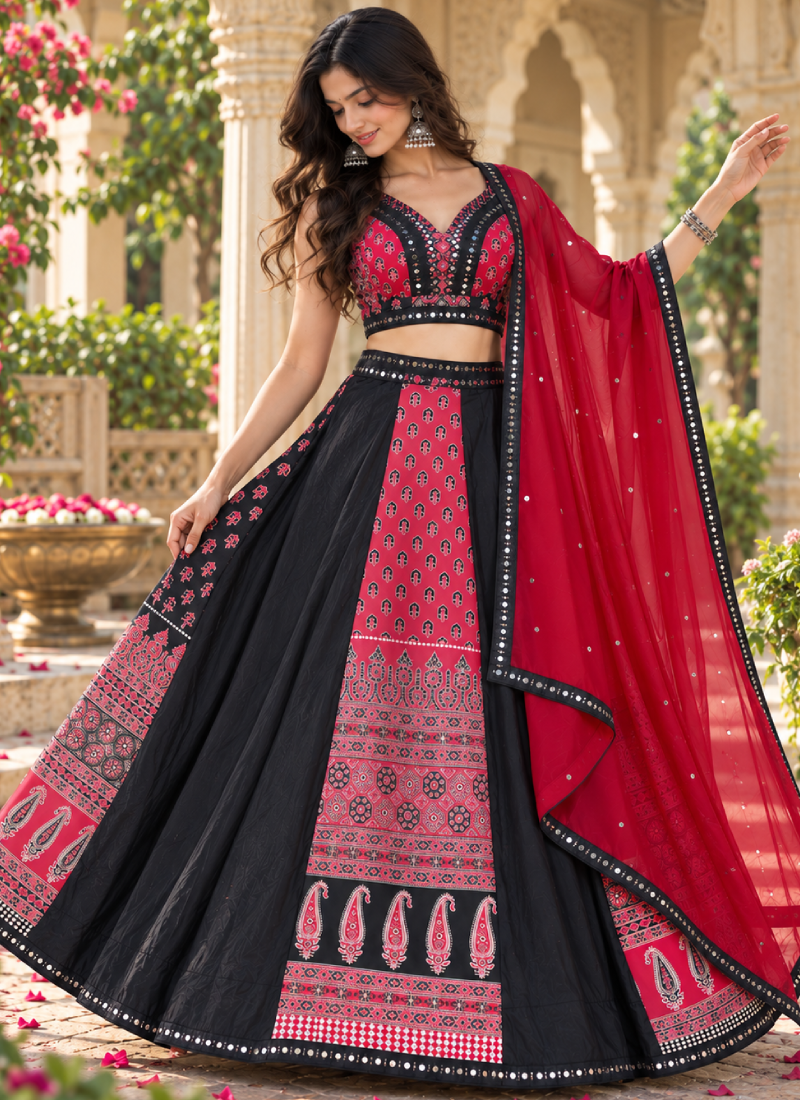 Navratri Wear French Crep Red Printed Real Mirror Lehenga Choli