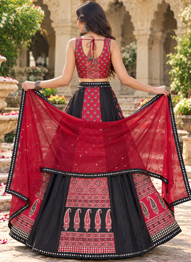 Navratri Wear French Crep Red Printed Real Mirror Lehenga Choli