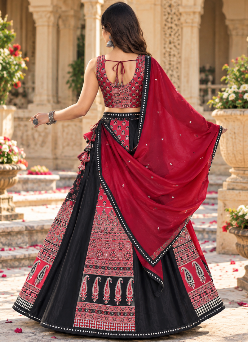 Navratri Wear French Crep Red Printed Real Mirror Lehenga Choli