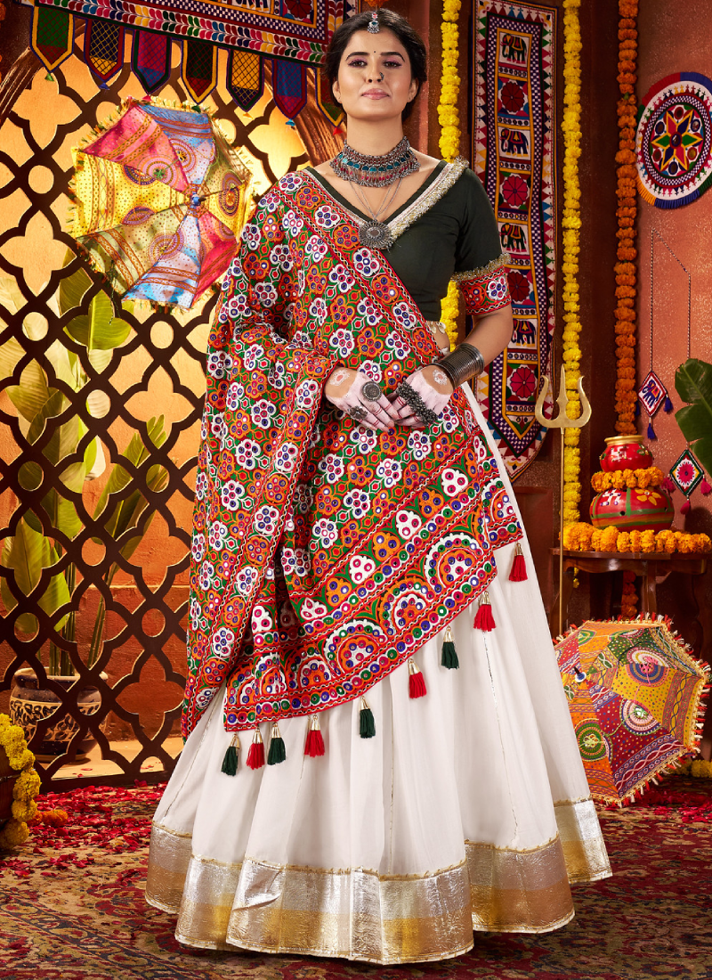 Navratri Wear Gota Patti Border Silk White Chaniya Choli With Dupatta