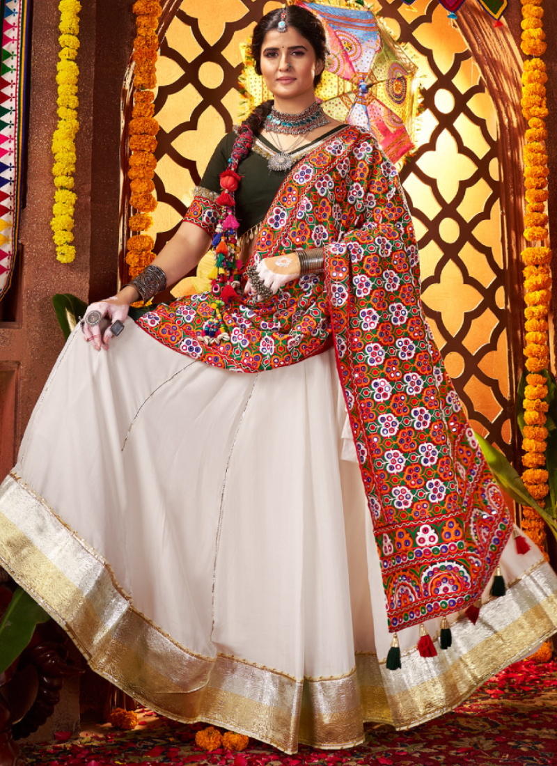 Navratri Wear Gota Patti Border Silk White Chaniya Choli With Dupatta