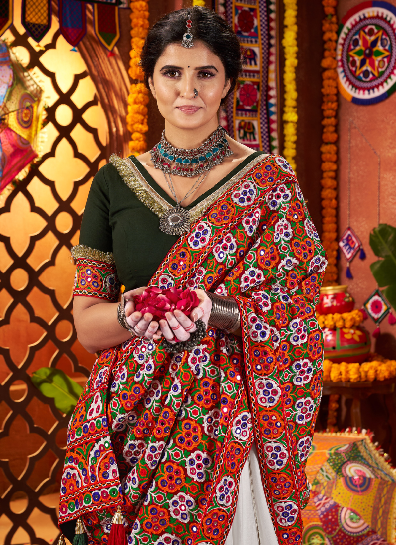 Navratri Wear Gota Patti Border Silk White Chaniya Choli With Dupatta