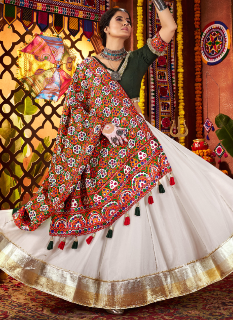 Navratri Wear Gota Patti Border Silk White Chaniya Choli With Dupatta
