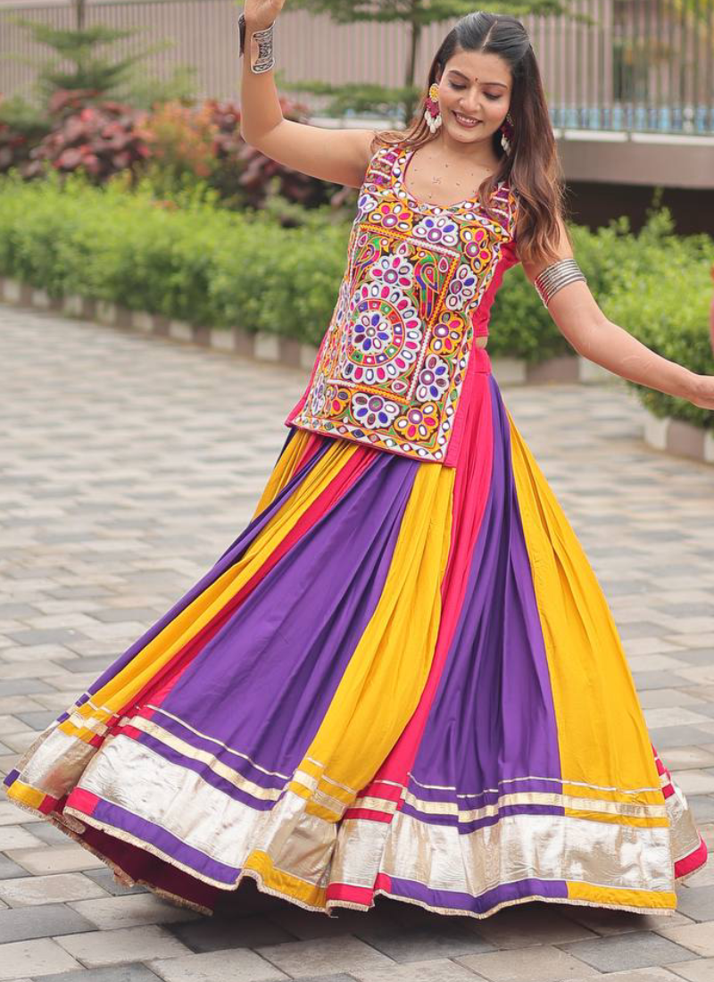 Navratri Wear Multi Color Gamthi Real Mirror Work Cotton Lehenga Choli