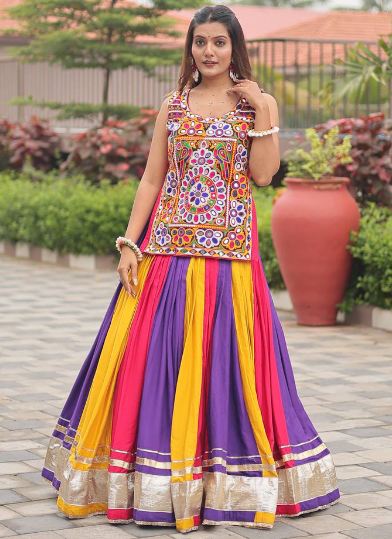 Navratri Wear Multi Color Gamthi Real Mirror Work Cotton Lehenga Choli