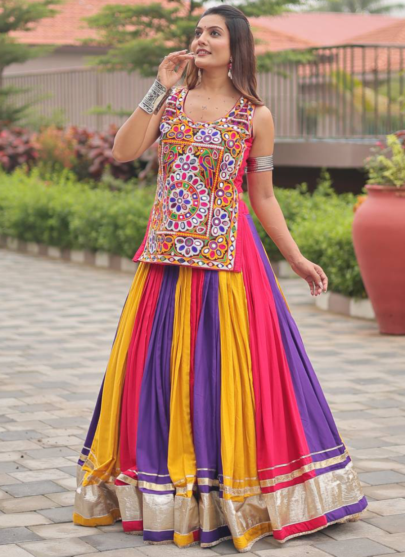 Navratri Wear Multi Color Gamthi Real Mirror Work Cotton Lehenga Choli