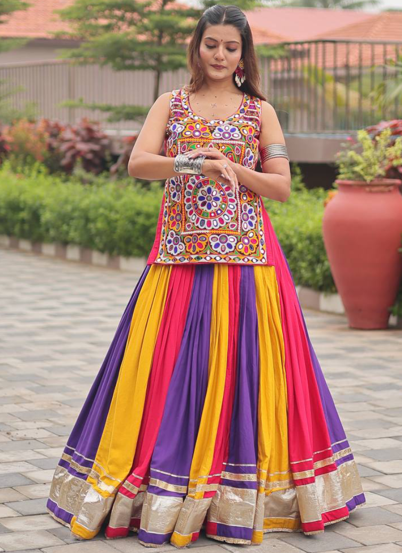 Navratri Wear Multi Color Gamthi Real Mirror Work Cotton Lehenga Choli