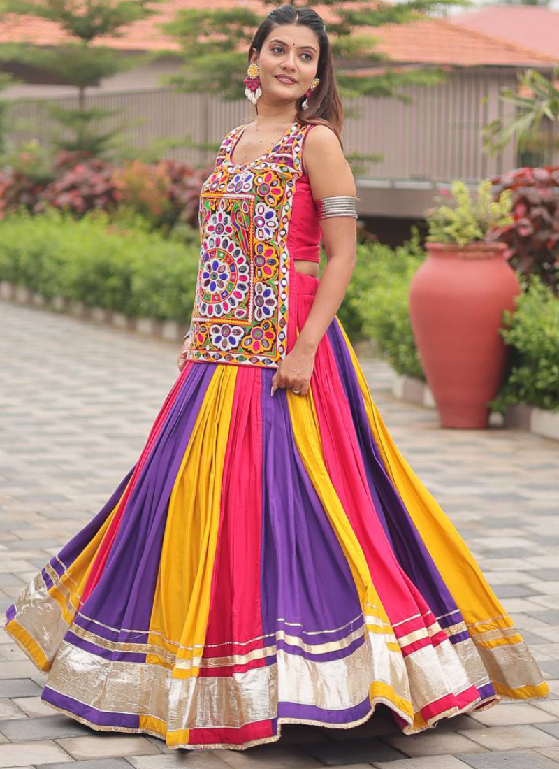 Navratri Wear Multi Color Gamthi Real Mirror Work Cotton Lehenga Choli
