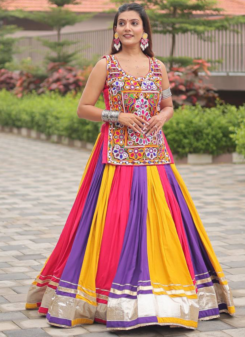 Navratri Wear Multi Color Gamthi Real Mirror Work Cotton Lehenga Choli