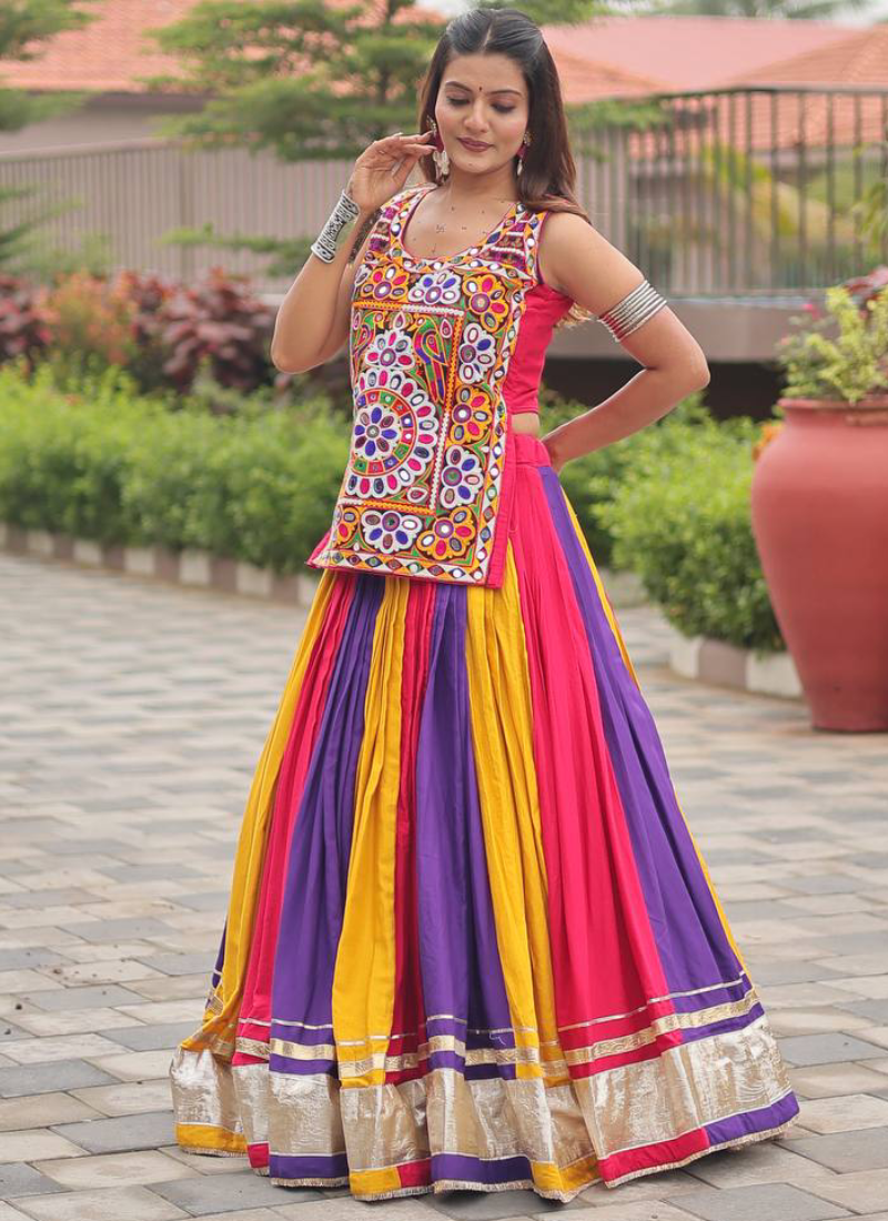 Navratri Wear Multi Color Gamthi Real Mirror Work Cotton Lehenga Choli