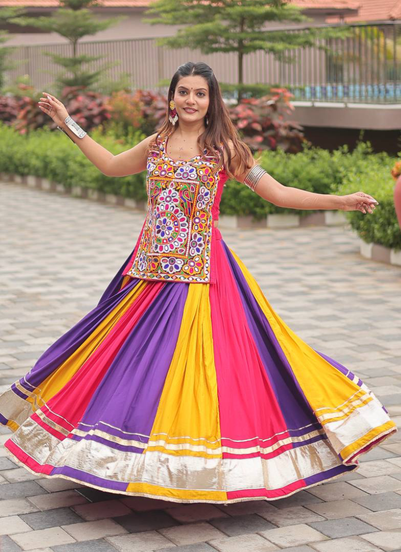 Navratri Wear Multi Color Gamthi Real Mirror Work Cotton Lehenga Choli