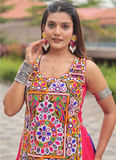 Navratri Wear Multi Color Gamthi Real Mirror Work Cotton Lehenga Choli