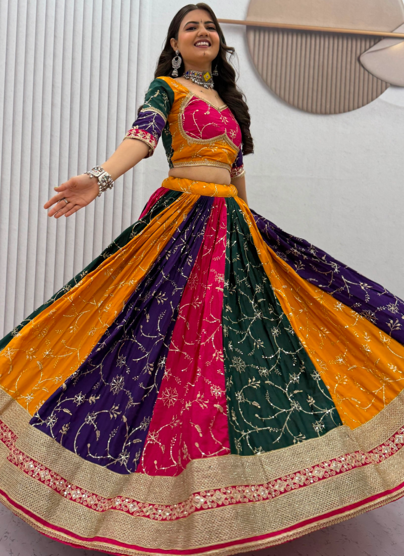 Navratri Wear Multi Colour Embroidery Sequence Work Silk Lehenga Choli