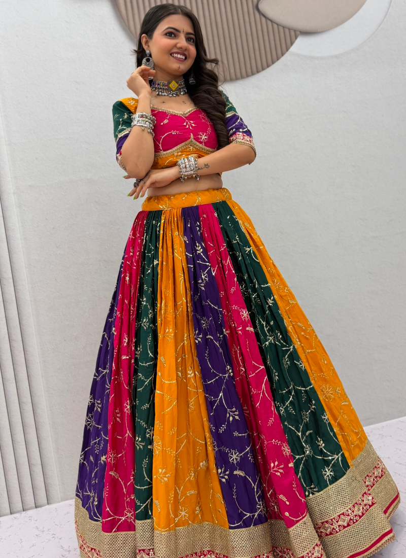 Navratri Wear Multi Colour Embroidery Sequence Work Silk Lehenga Choli