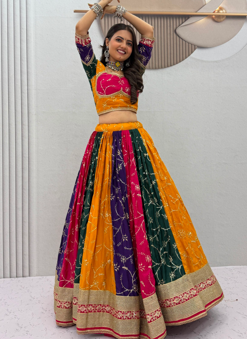 Navratri Wear Multi Colour Embroidery Sequence Work Silk Lehenga Choli