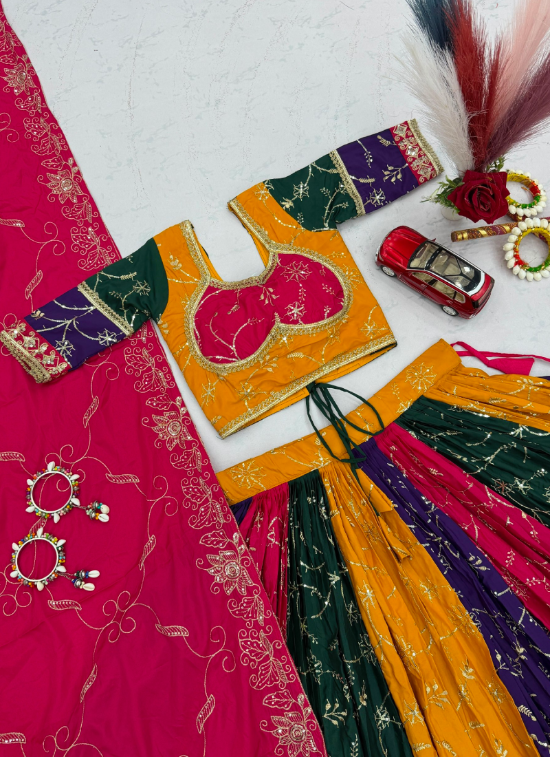 Navratri Wear Multi Colour Embroidery Sequence Work Silk Lehenga Choli