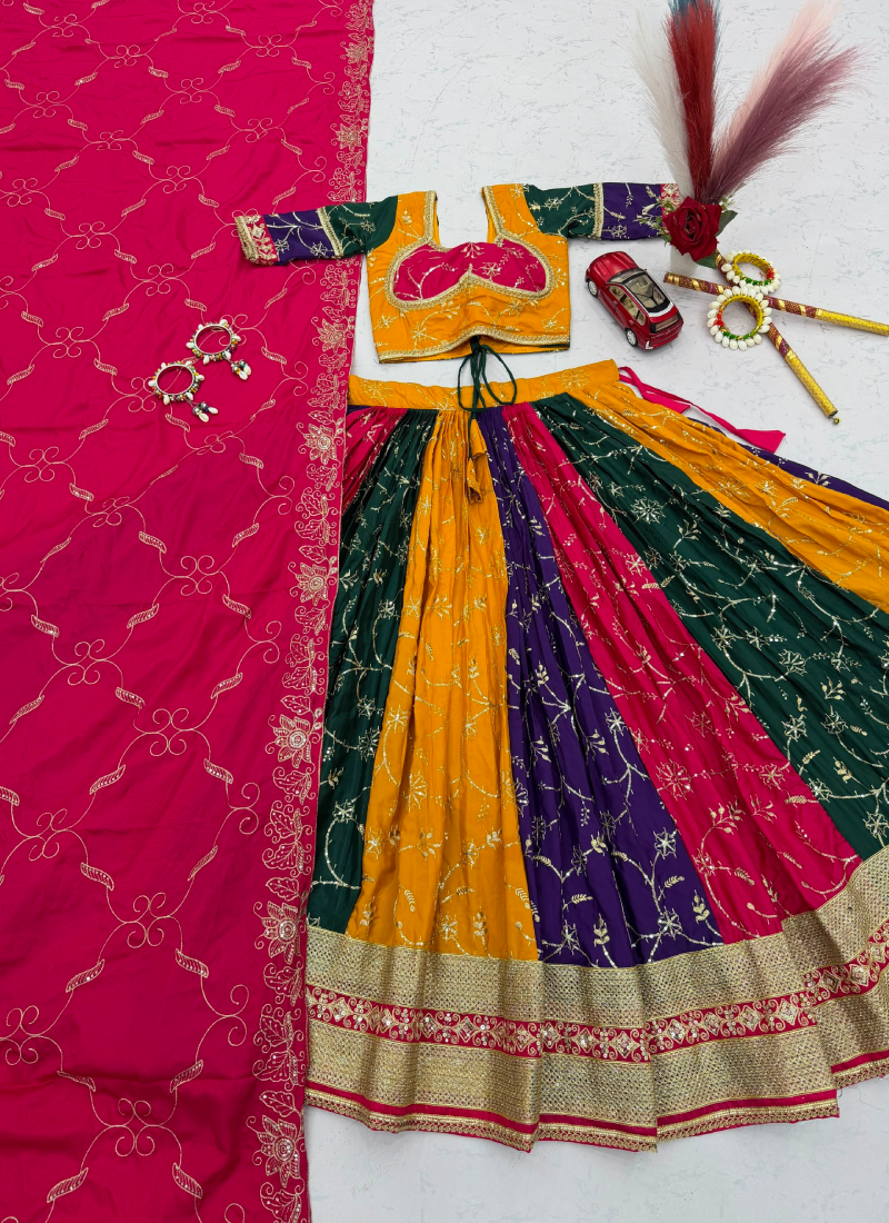 Navratri Wear Multi Colour Embroidery Sequence Work Silk Lehenga Choli