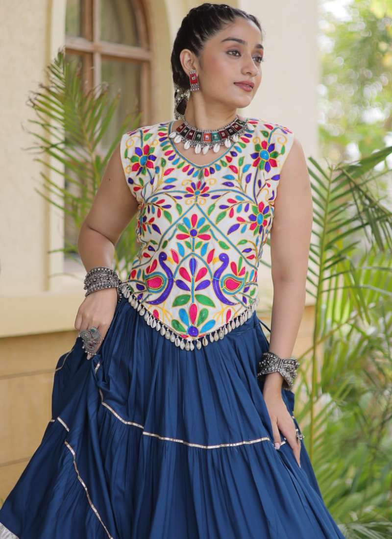 Navratri Wear Navy Blue Rayon With Kutchi Work Frill Ghagra Choli