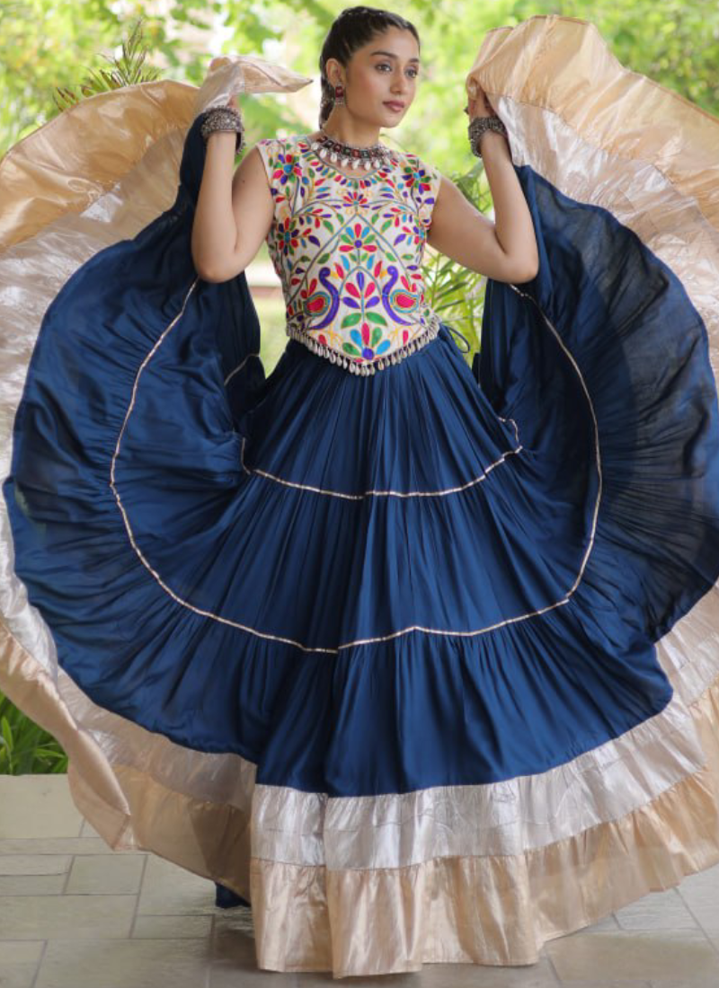 Navratri Wear Navy Blue Rayon With Kutchi Work Frill Ghagra Choli