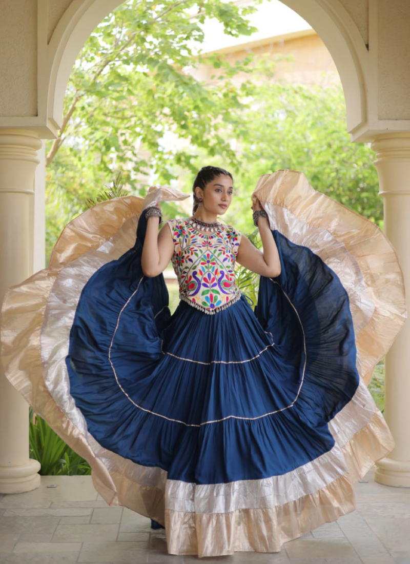 Navratri Wear Navy Blue Rayon With Kutchi Work Frill Ghagra Choli
