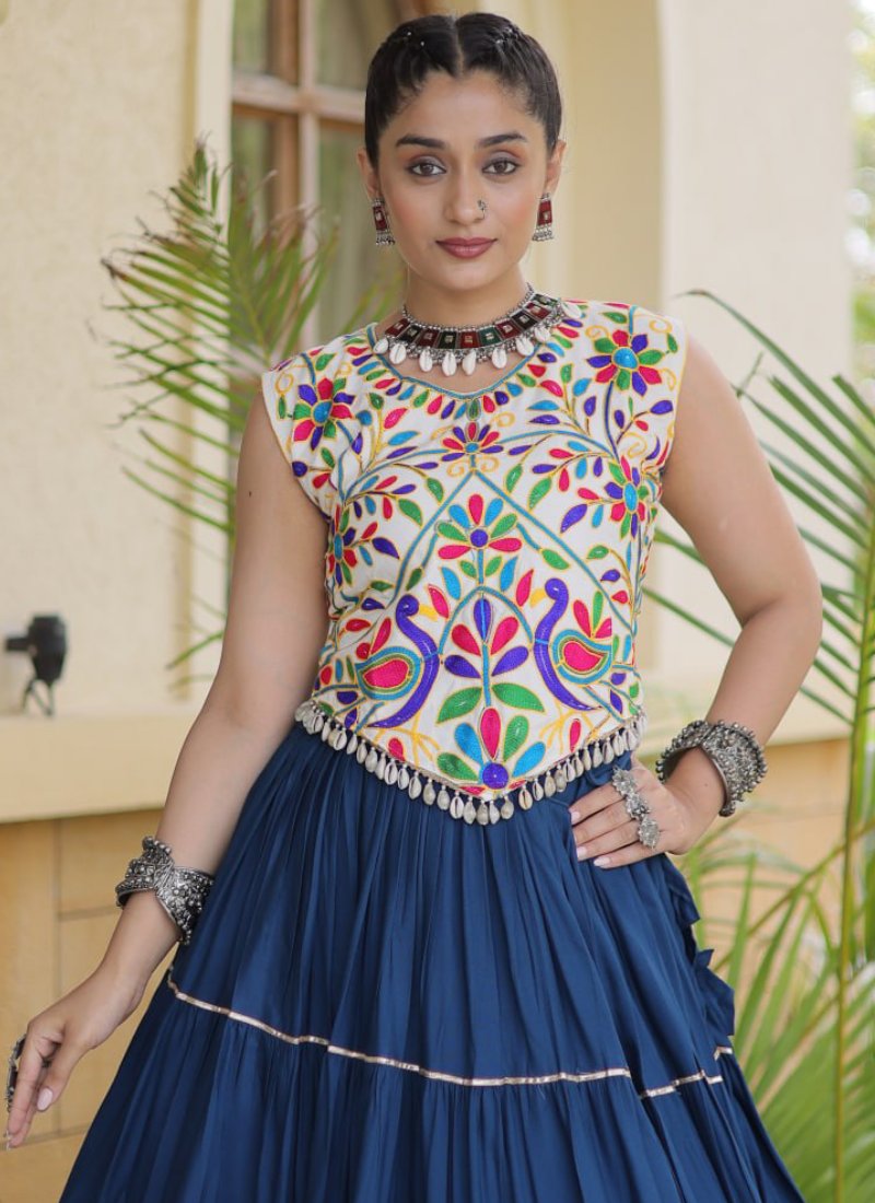 Navratri Wear Navy Blue Rayon With Kutchi Work Frill Ghagra Choli