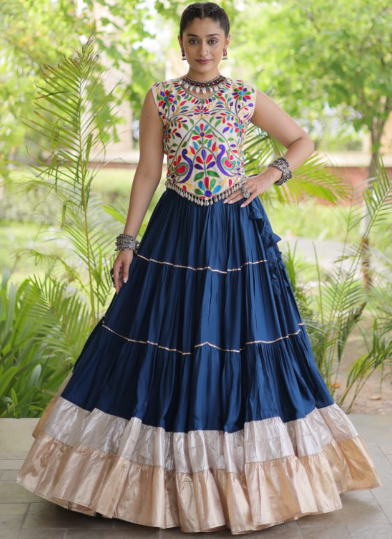 Navratri Wear Navy Blue Rayon With Kutchi Work Frill Ghagra Choli