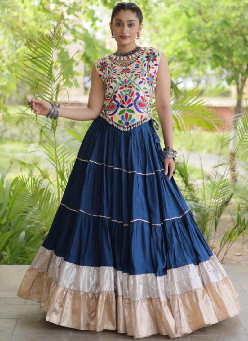 Navratri Wear Navy Blue Rayon With Kutchi Work Frill Ghagra Choli