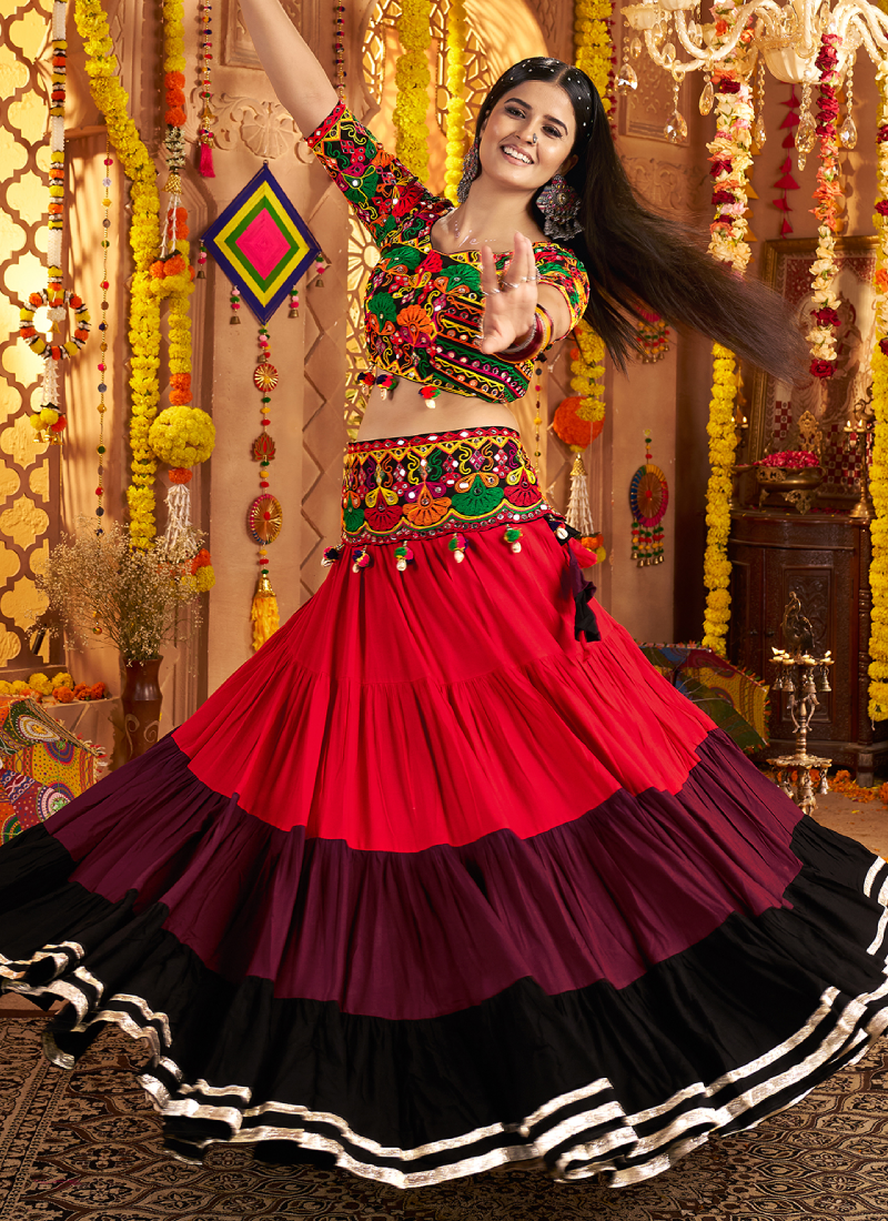 Navratri Special Real Mirror Gamthi Work Viscose Cotton Multi Lehenga