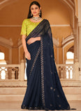 Navy Blue Chinon Silk Sequence Embroidered Traditional Saree