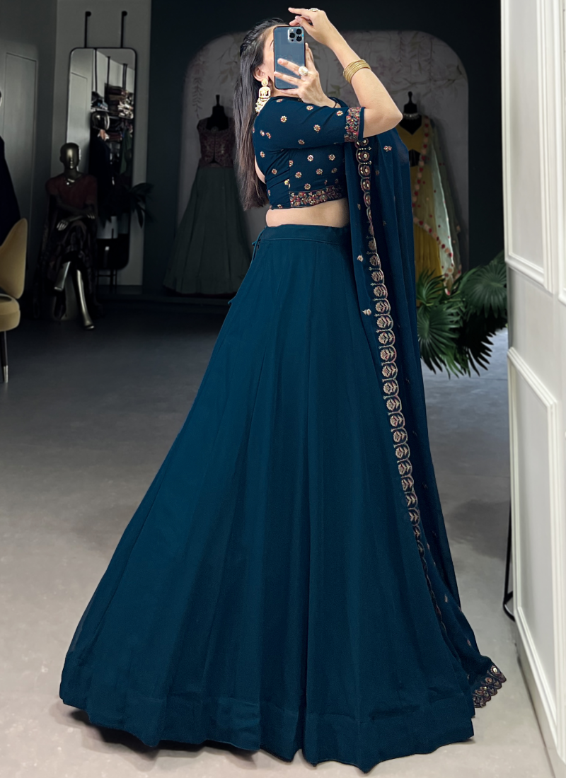 Navy Blue Georgette Plain Lehenga With Thread Embroidered Blouse
