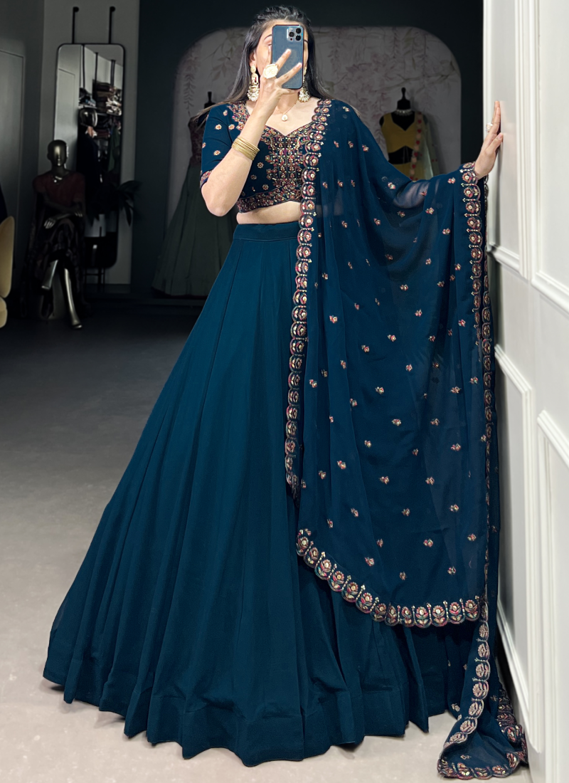 Navy Blue Georgette Plain Lehenga With Thread Embroidered Blouse