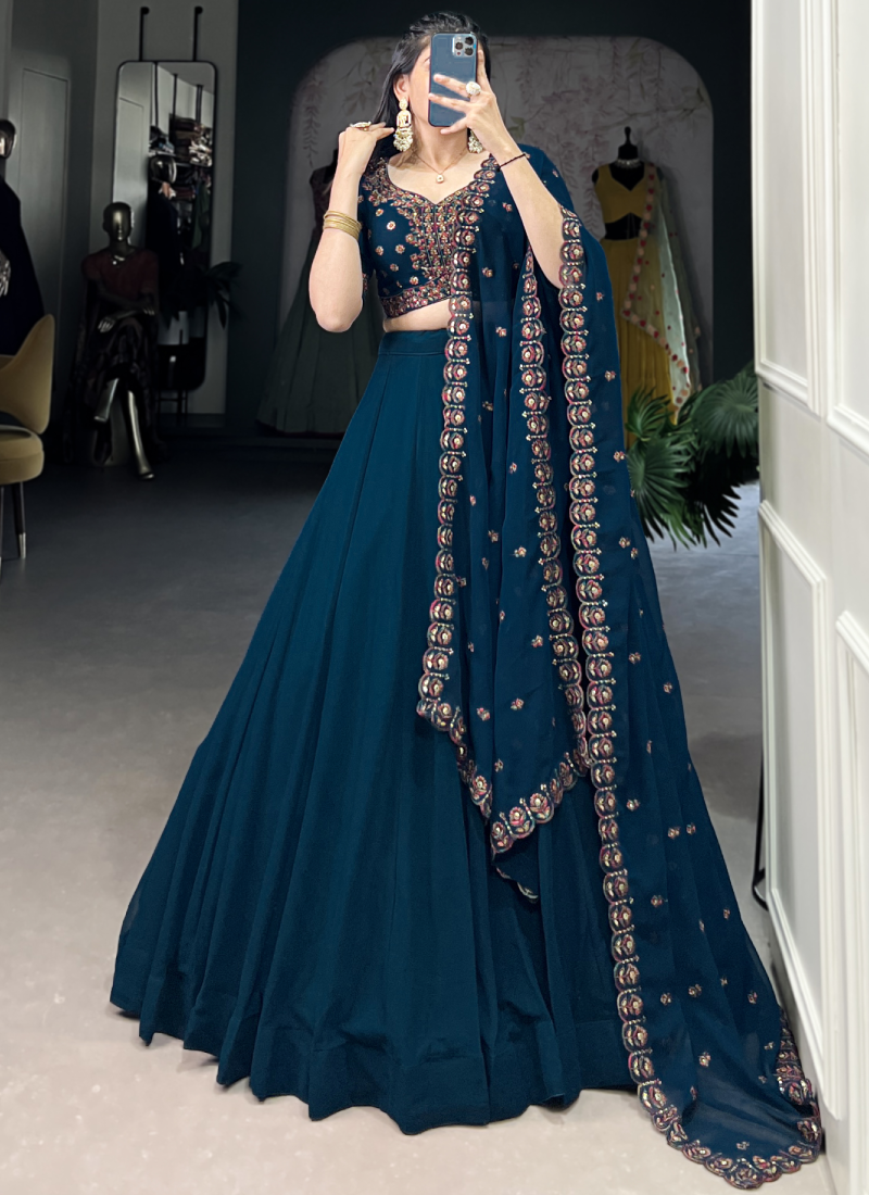 Navy Blue Georgette Plain Lehenga With Thread Embroidered Blouse