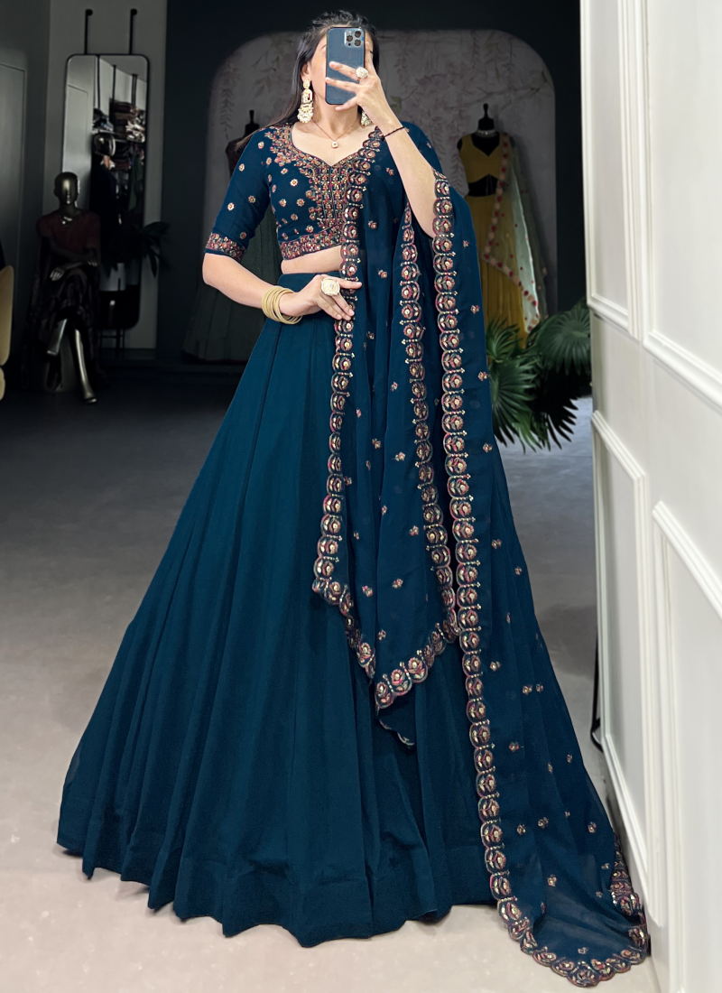 Navy Blue Georgette Plain Lehenga With Thread Embroidered Blouse