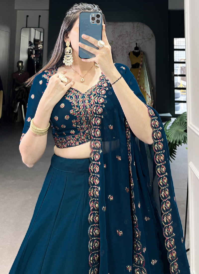 Navy Blue Georgette Plain Lehenga With Thread Embroidered Blouse