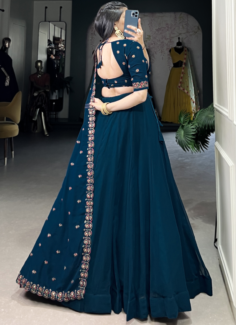 Navy Blue Georgette Plain Lehenga With Thread Embroidered Blouse