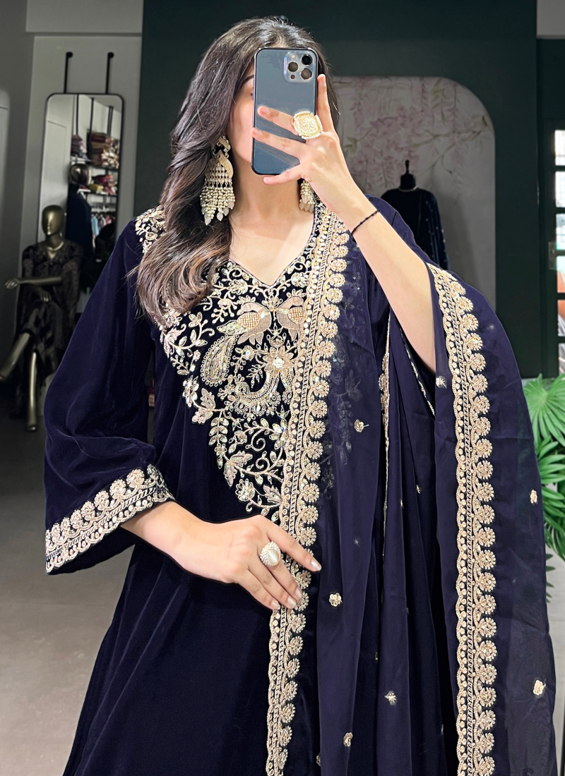 Navy Blue Sequence Embroidery Velvet Ready To Wear Kurta Pant Dupatta