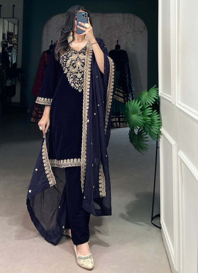 Navy Blue Sequence Embroidery Velvet Ready To Wear Kurta Pant Dupatta
