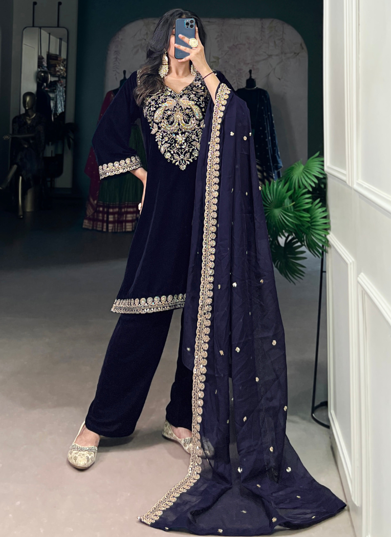 Navy Blue Sequence Embroidery Velvet Ready To Wear Kurta Pant Dupatta