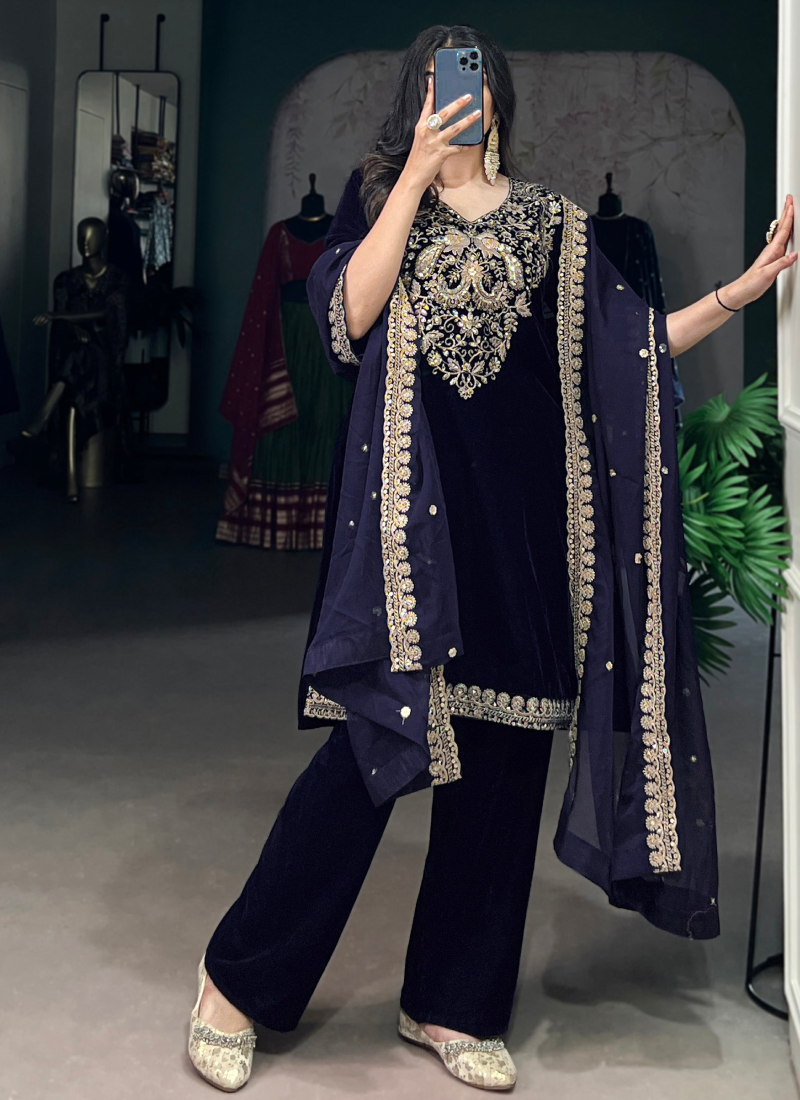 Navy Blue Sequence Embroidery Velvet Ready To Wear Kurta Pant Dupatta