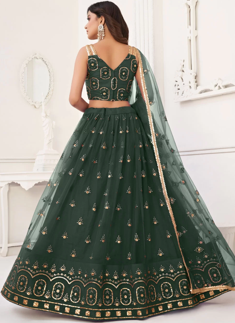 Net Embroidered Dark Green Lehenga Choli For Mehendi Function tapee.in Net Embroidered Dark Green Lehenga Choli For Mehendi Function tapee.in