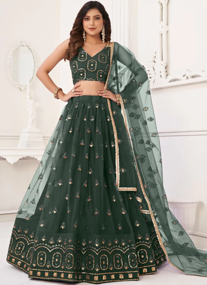 Net Embroidered Dark Green Lehenga Choli For Mehendi Function