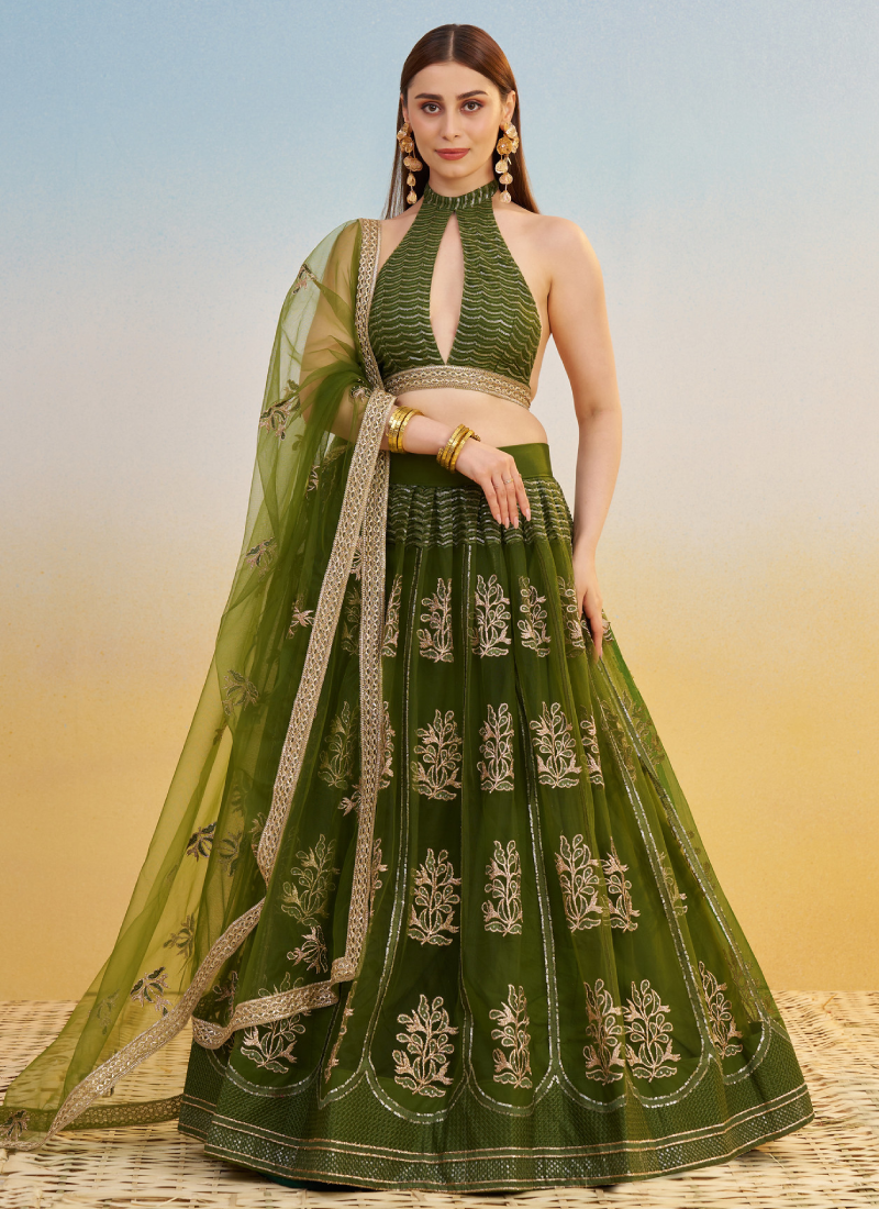Net Sequence Embroidered Mehendi Green Occasional Fancy Lehenga Choli