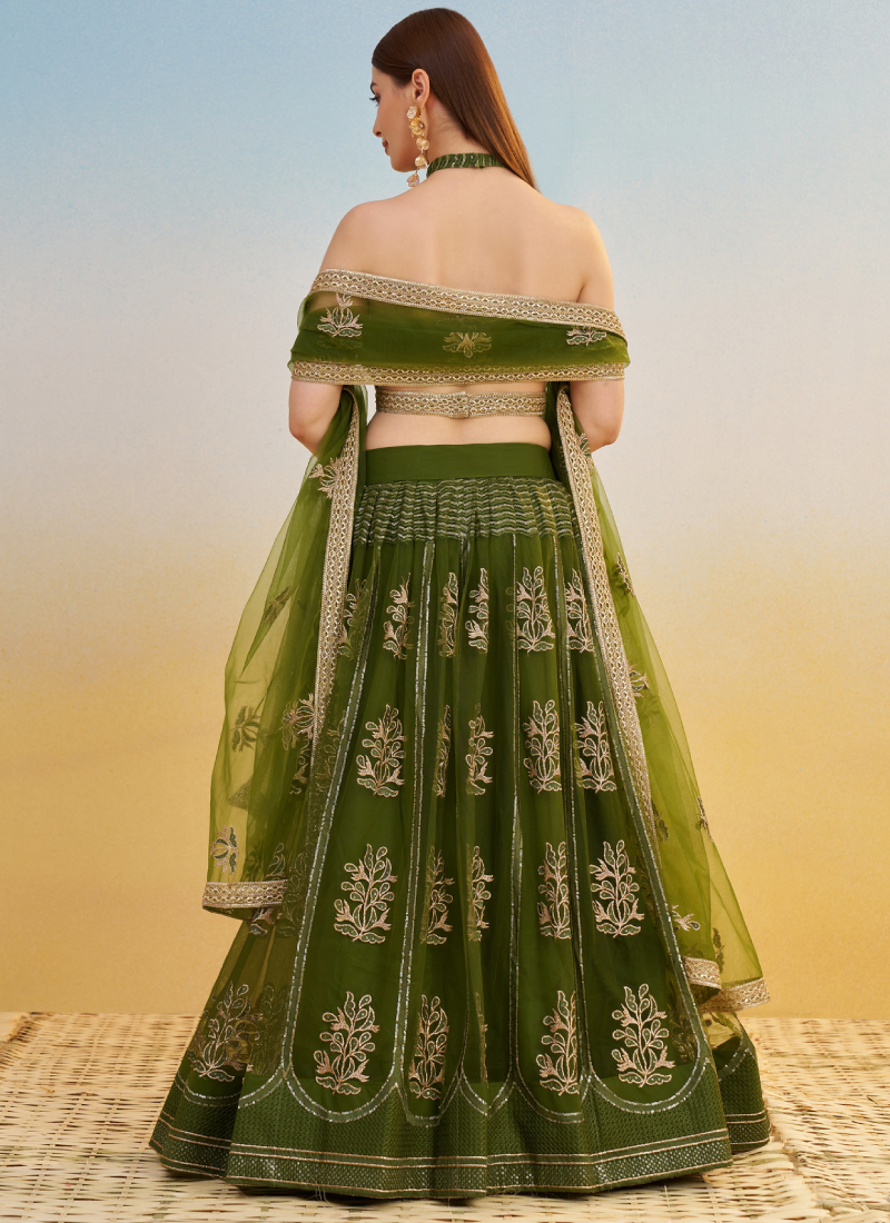 Net Sequence Embroidered Mehendi Green Occasional Fancy Lehenga Choli